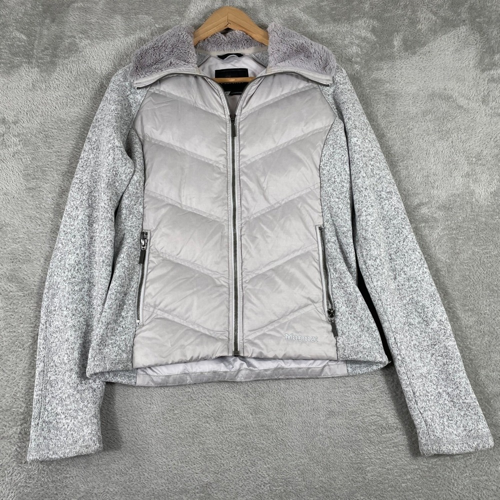 Marmot Variant Hybrid Jacket Womens Small Gray Down Puffer Fleece Faux Fur Trim